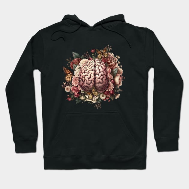 Brain with flowers, psychology, mental health, front brain, vintage grunge distressed effect Hoodie by Collagedream